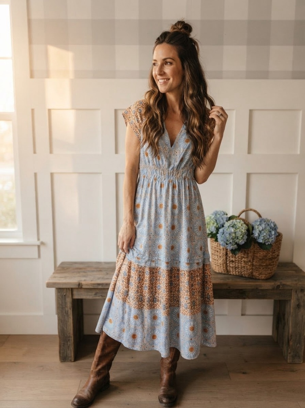 Rachel Zoe Sky Blue and Rust Printed Boho Maxi Dress XS